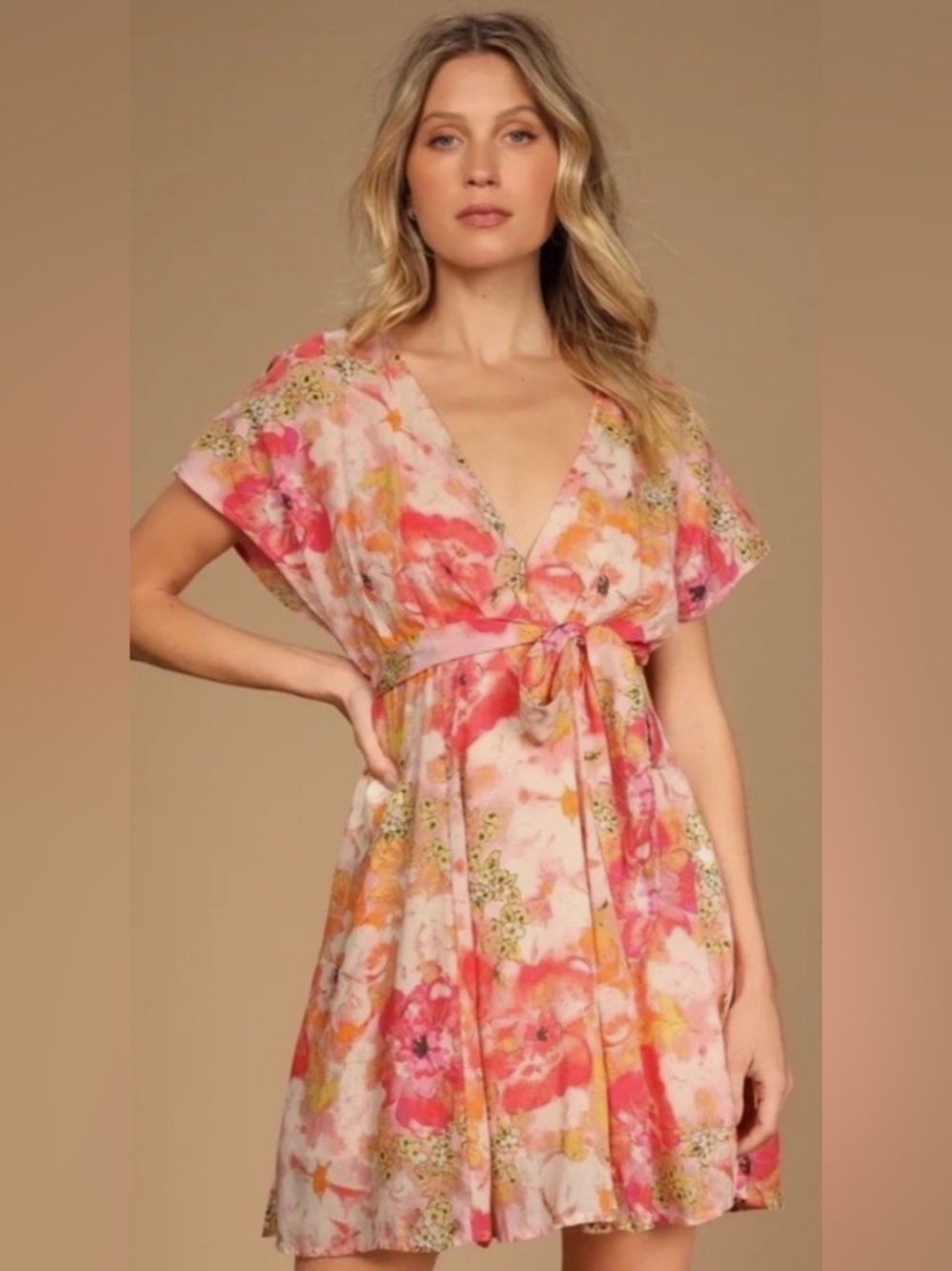FREE PEOPLE Freddy Tie Floral V-Neck Pink Women's Mini Dress XS